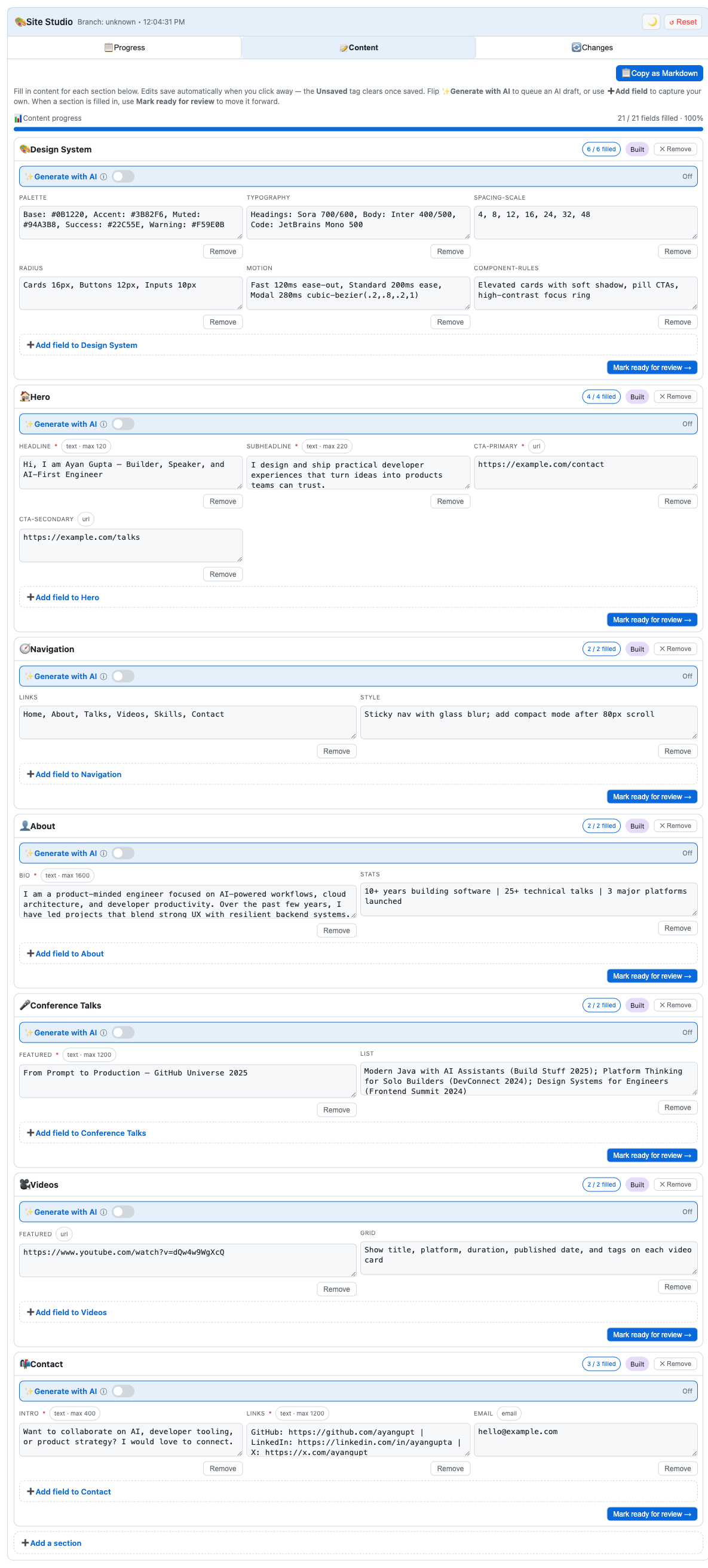 The Site Studio canvas Content tab at 100% completion, with editable sections &mdash; Design System, Hero, Navigation, About, Conference Talks, Videos, and Contact &mdash; each showing filled fields and a Mark ready for review action.