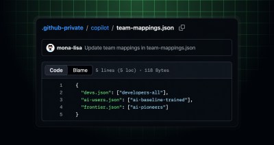 A screenshot of a GitHub file view showing the path .github-private / copilot / team-mappings.json. A commit by user mona-lisa reads 'Update team mappings in team-mappings.json.'