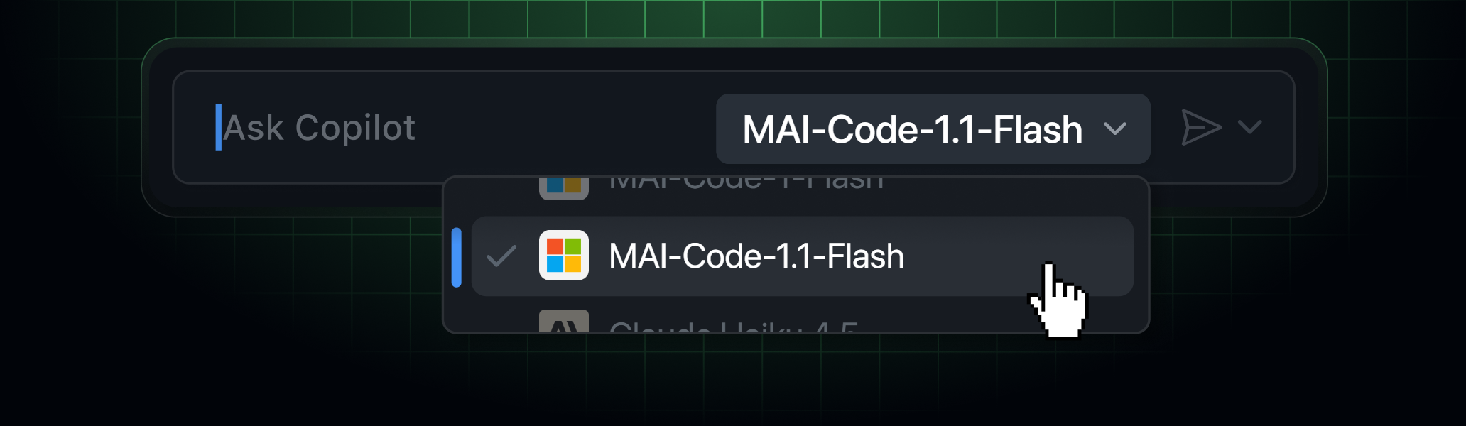 The Copilot model picker showing MAI-Code-1.1-Flash