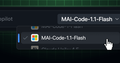 The Copilot model picker showing MAI-Code-1.1-Flash
