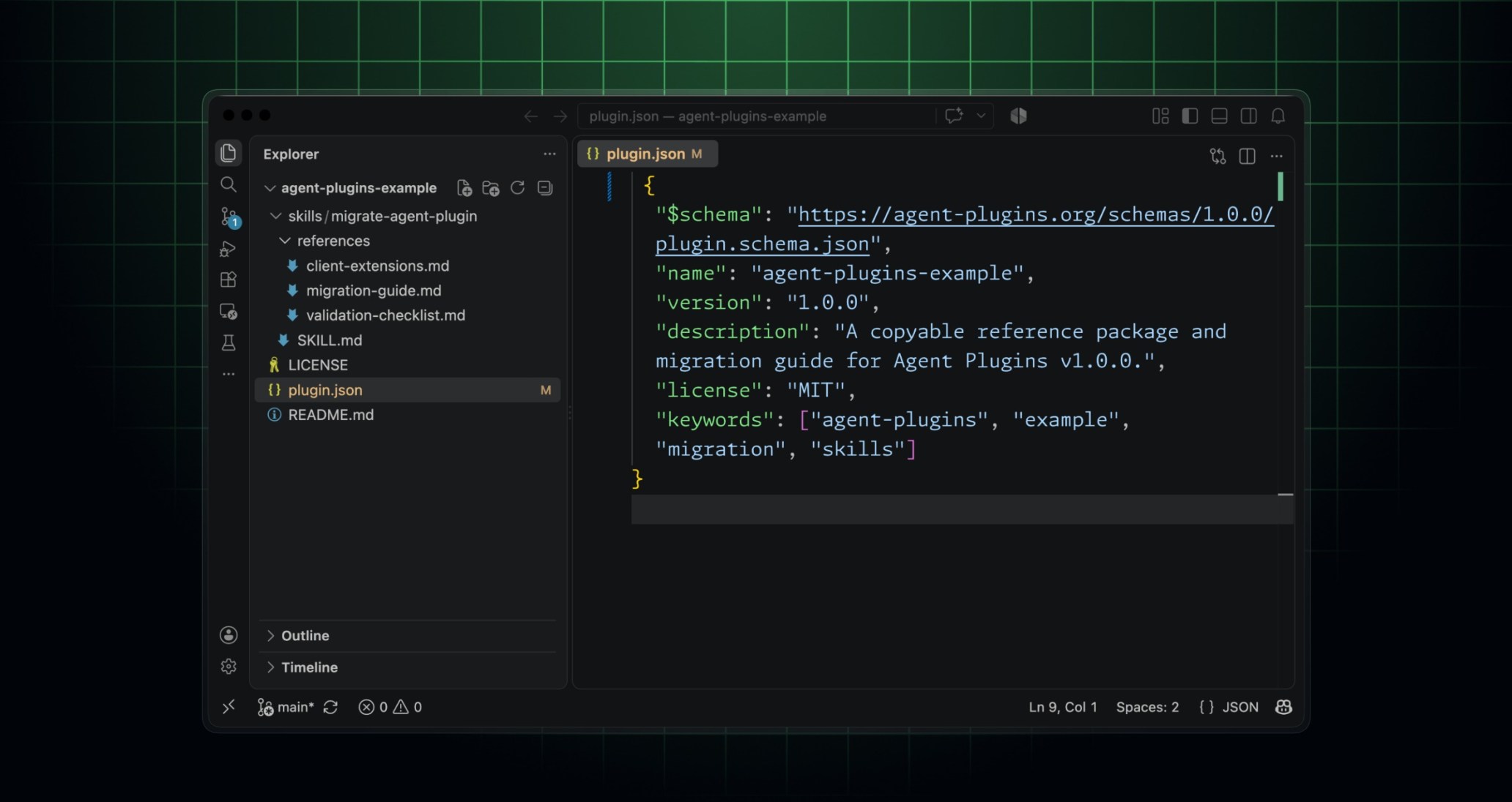 The plugin.json manifest for an Agent Plugins package open in VS Code, showing the $schema field pointing to the Agent Plugins 1.0 schema