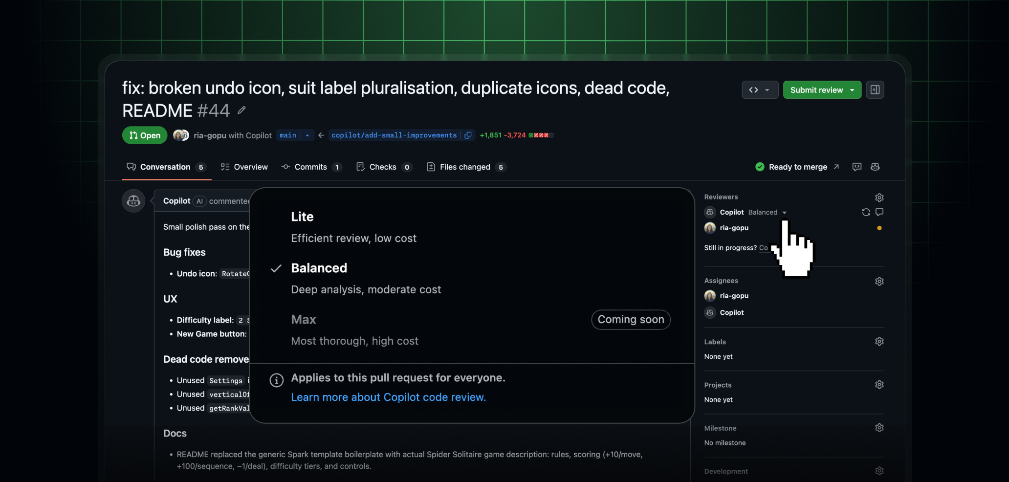 Header image depicting Lite and Balanced effort levels selectable in pull request UI
