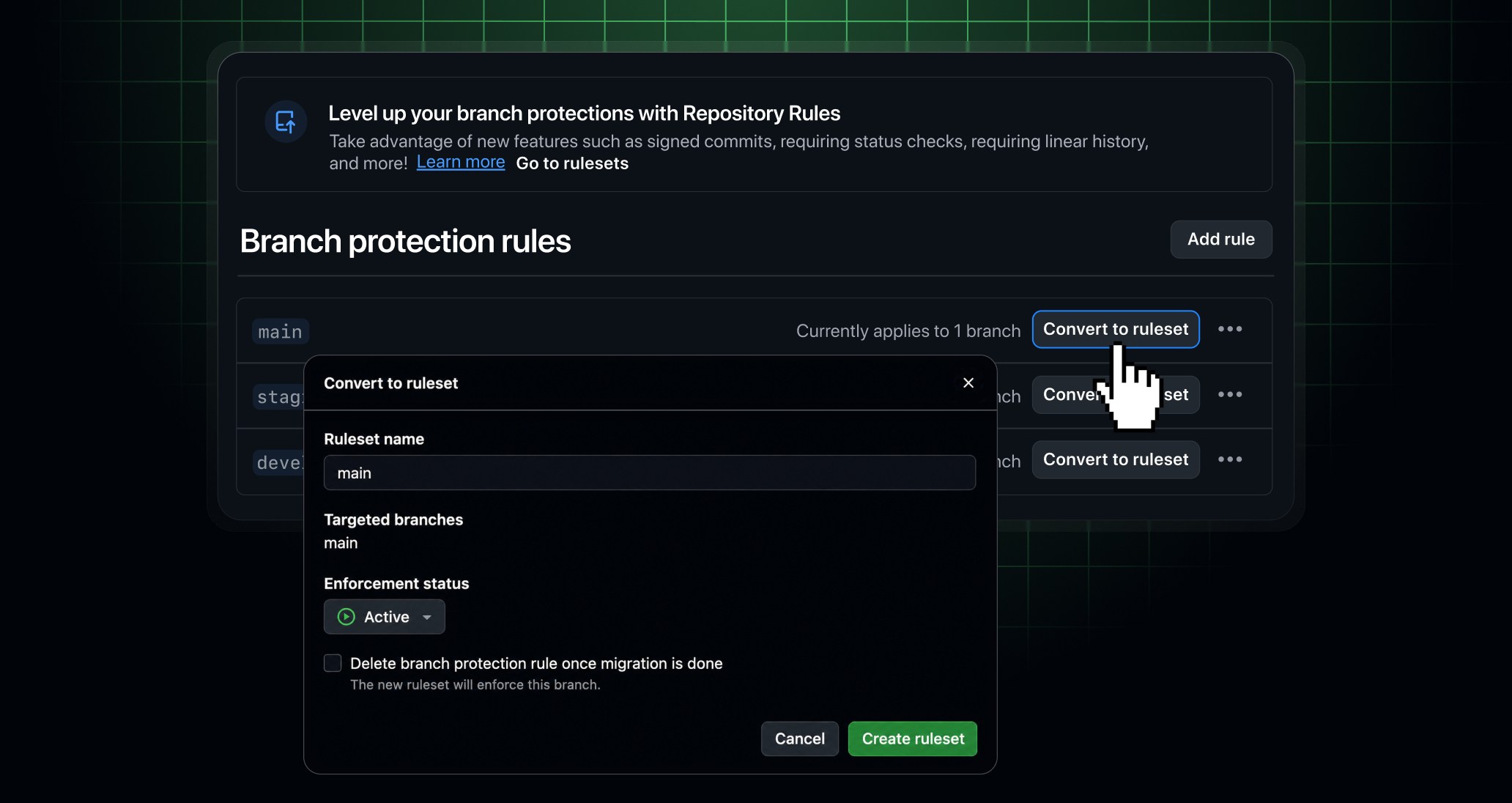 Convert to ruleset option on branch protection rules for conversion to repository rulesets.