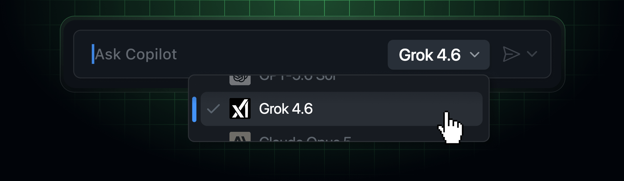 The Copilot model picker showing Grok 4.6