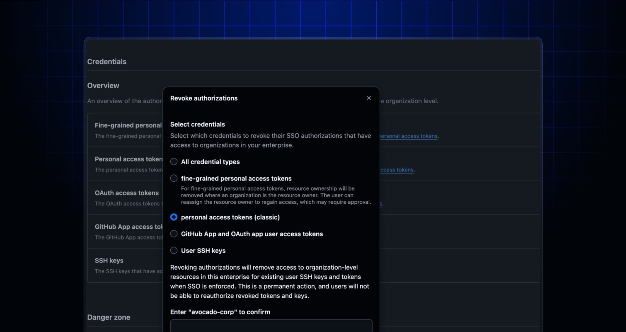 Enterprise credential management page in an EMU enterprise, showing actions to revoke or delete all credentials for a specific token type