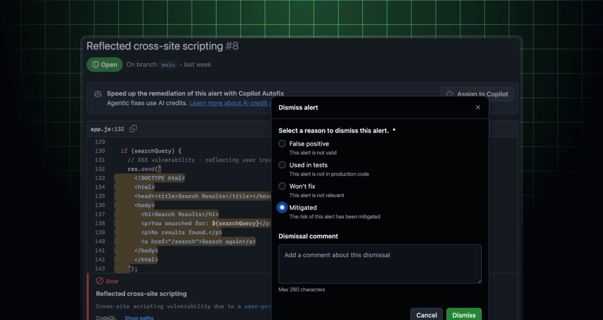 Dismissing a code scanning alert as Mitigated