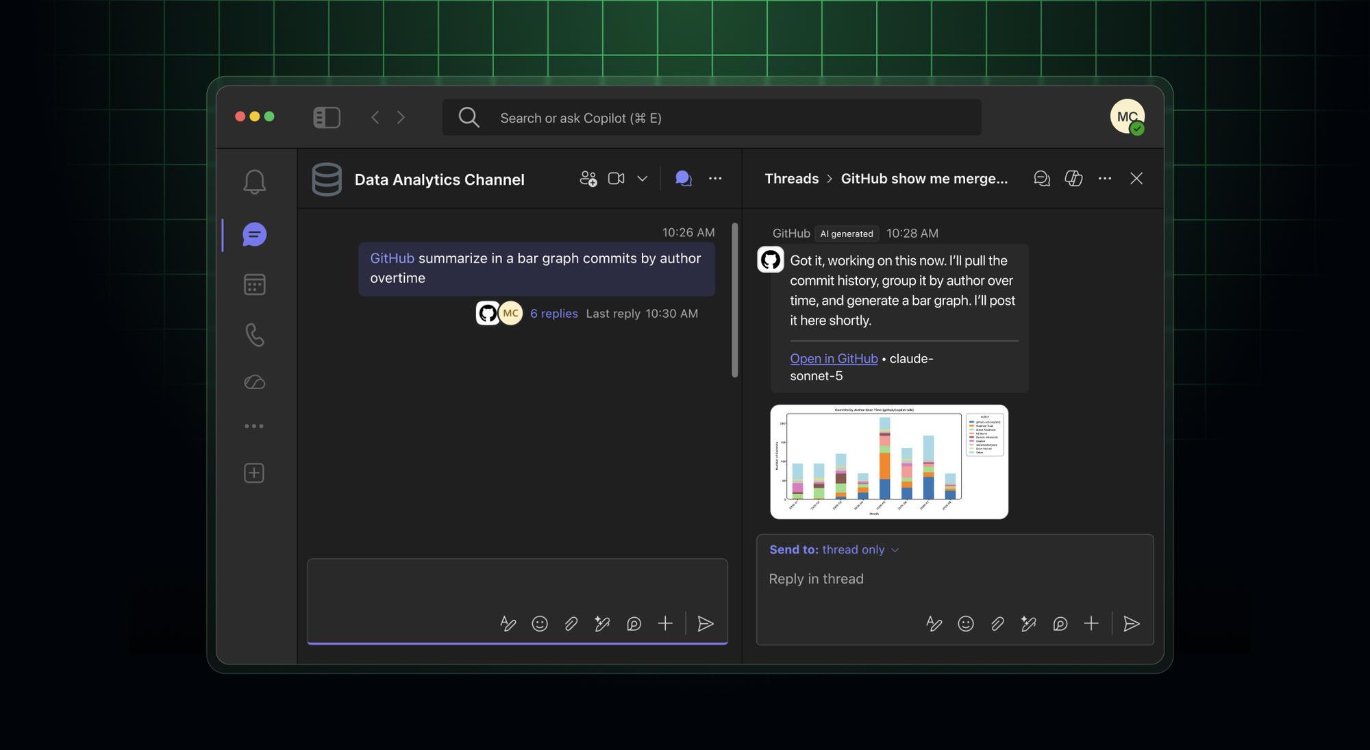 GitHub Copilot working in a Microsoft Teams code channel to analyze repository data and share a chart