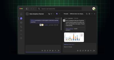 GitHub Copilot working in a Microsoft Teams code channel to analyze repository data and share a chart