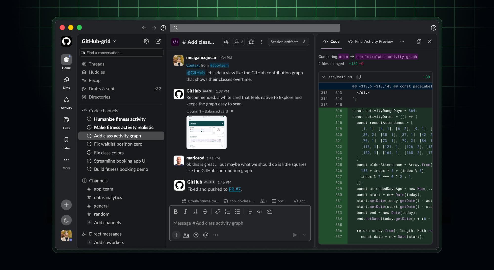 GitHub Copilot working with teammates in a Slack code channel to implement and review a code change