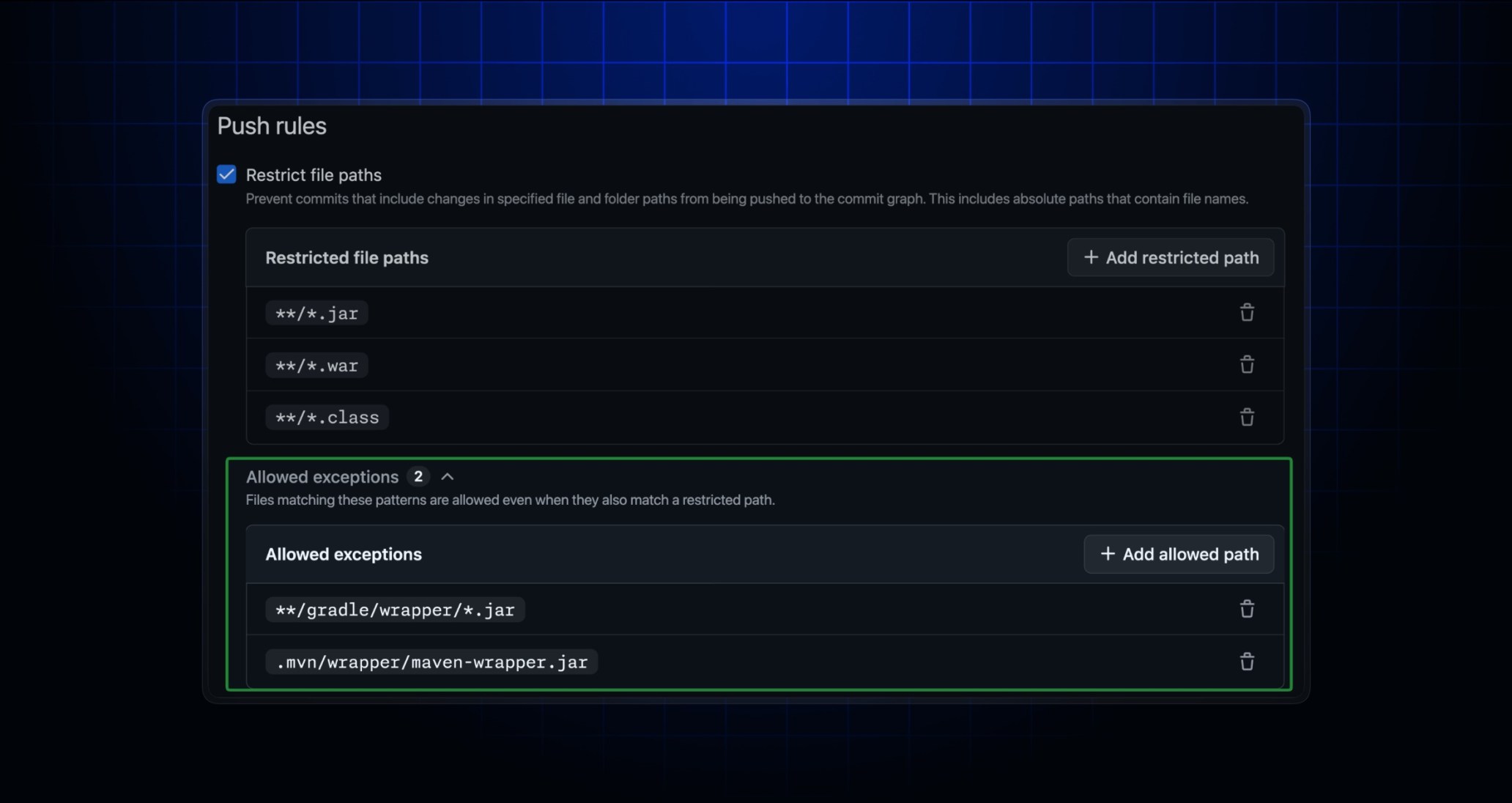 GitHub push rules restricting broad set of file types, with exceptions for specific paths.