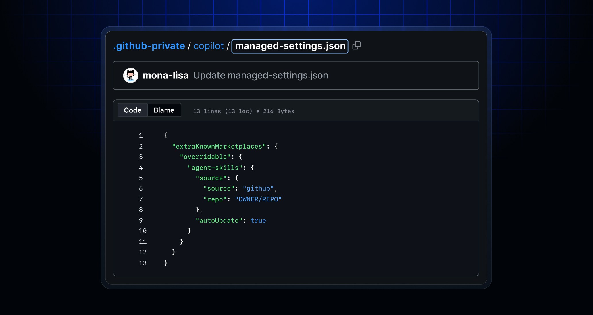 A GitHub file view of managed-settings.json in the .github-private/copilot repository path. The JSON shows an extraKnownMarketplaces block containing an overridable object with an agent-skills marketplace. The marketplace has a github source pointing to OWNER/REPO, and autoUpdate is set to true.