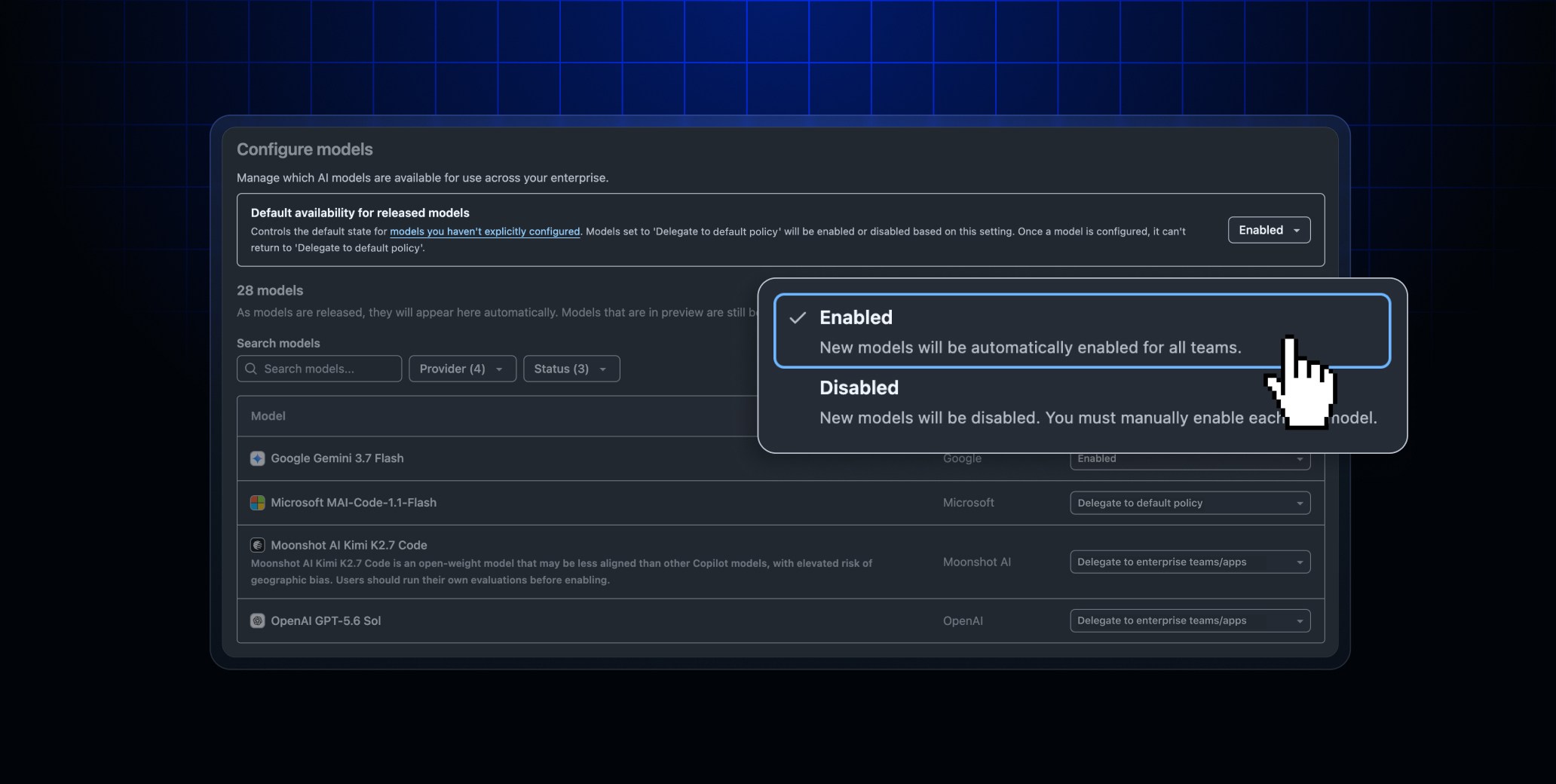 The Configure models setting window that lists the "Default availability for released models" setting, with a popup showing "Enabled" and "Disabled". Multiple models are listed with their corresponding availability settings.