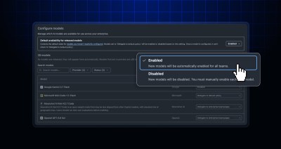 The Configure models setting window that lists the "Default availability for released models" setting, with a popup showing "Enabled" and "Disabled". Multiple models are listed with their corresponding availability settings.