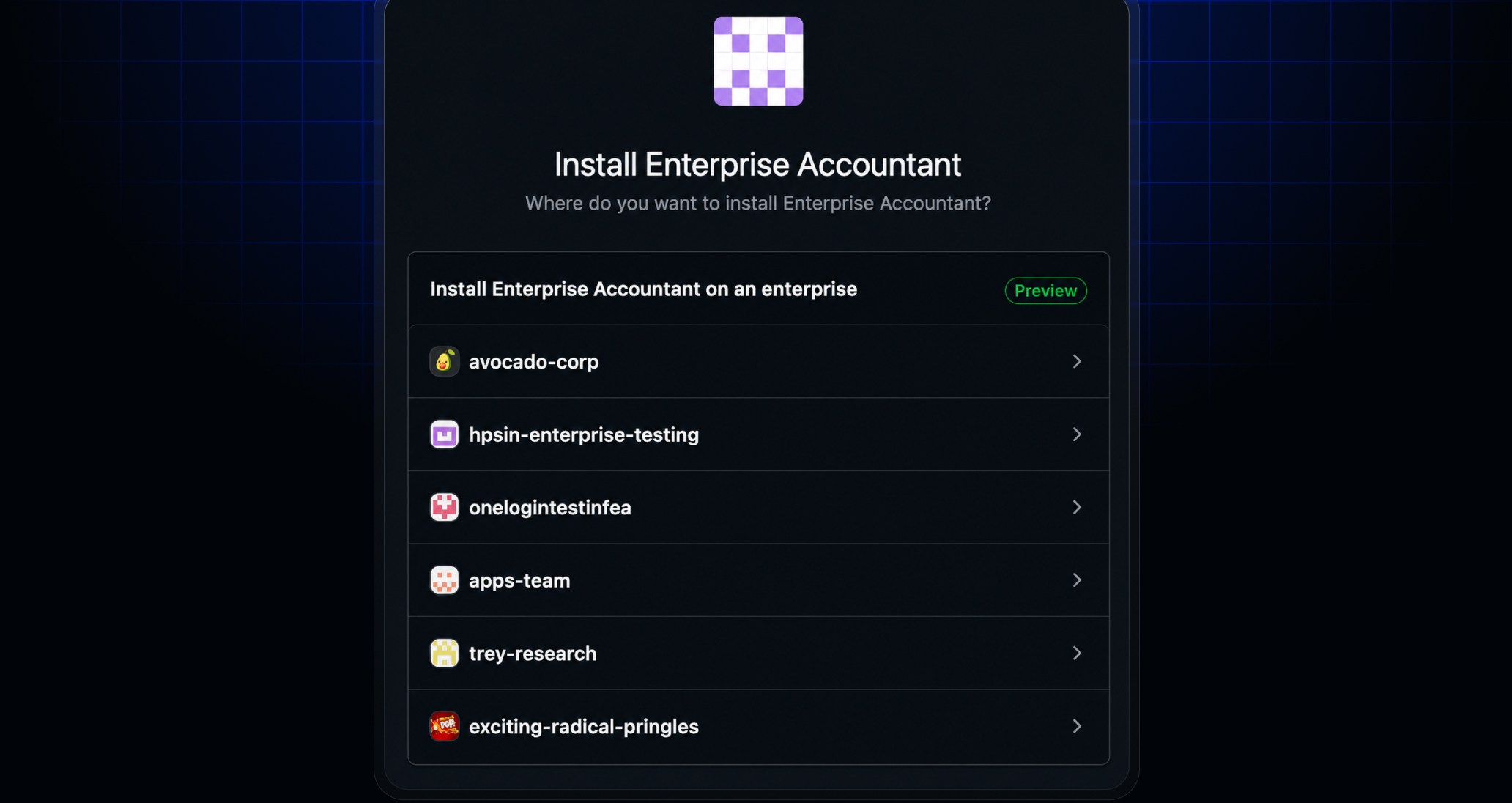 Multiple enterprises are shown in the GitHub App installation UX.