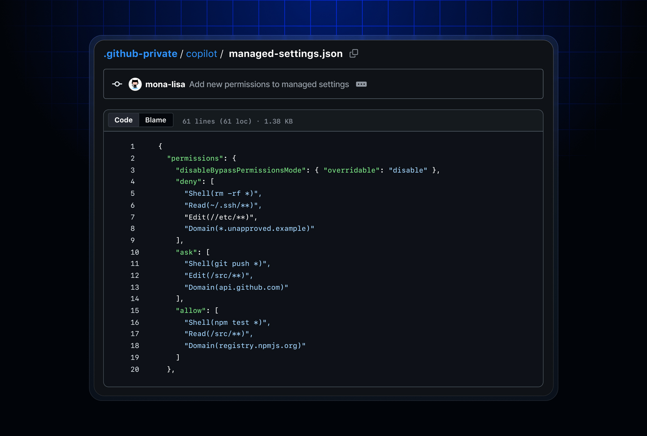 A GitHub changelog banner reading "Enterprise managed permissions for GitHub Copilot agent operations"