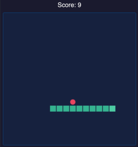 Screenshot of a simple 'snake' game, where the snake is 9 cubes long and approaching another piece of food.