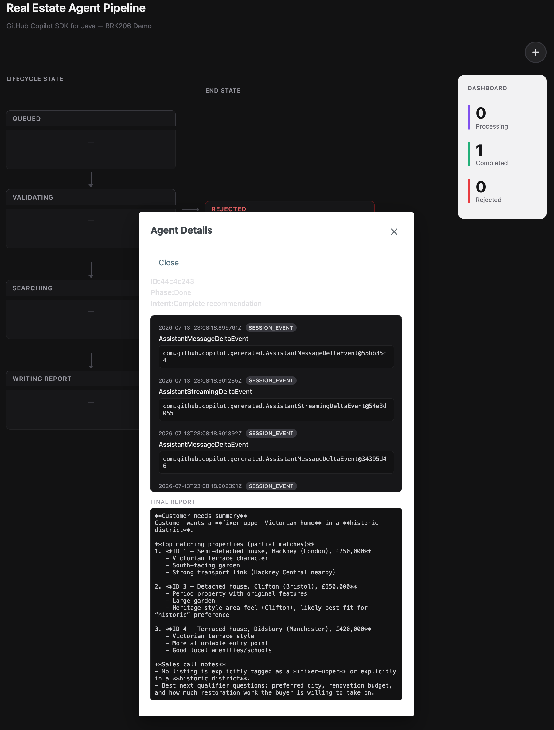 Screenshot of the sample application showing detailed agent event log and property search results.