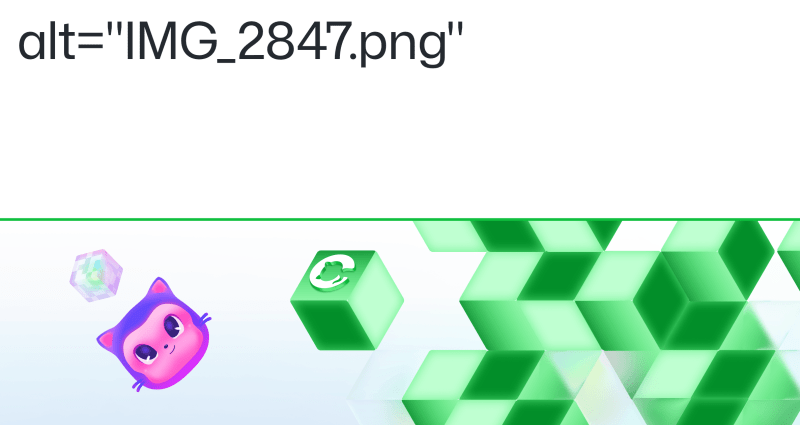 Humorous header image with 'alt=IMG_2847.png' written across the top, and Mona's head looking up at a cube next to a GitHub logo on the bottom.