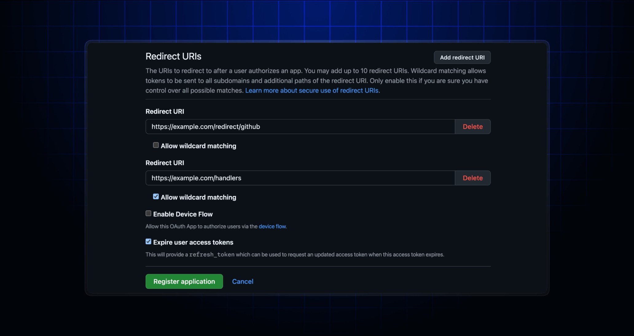 GitHub OAuth application settings showing multiple redirect URIs and wildcard controls