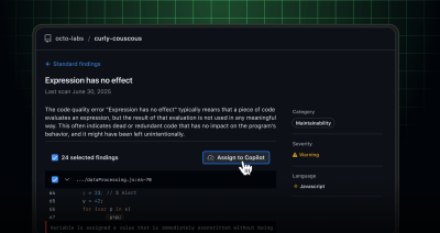 The Standard findings view for the "Expression has no effect" rule in the octo-labs/curly-couscous repository. A banner reads "24 selected findings" next to an Assign to Copilot button, above a list of the selected findings and their code.