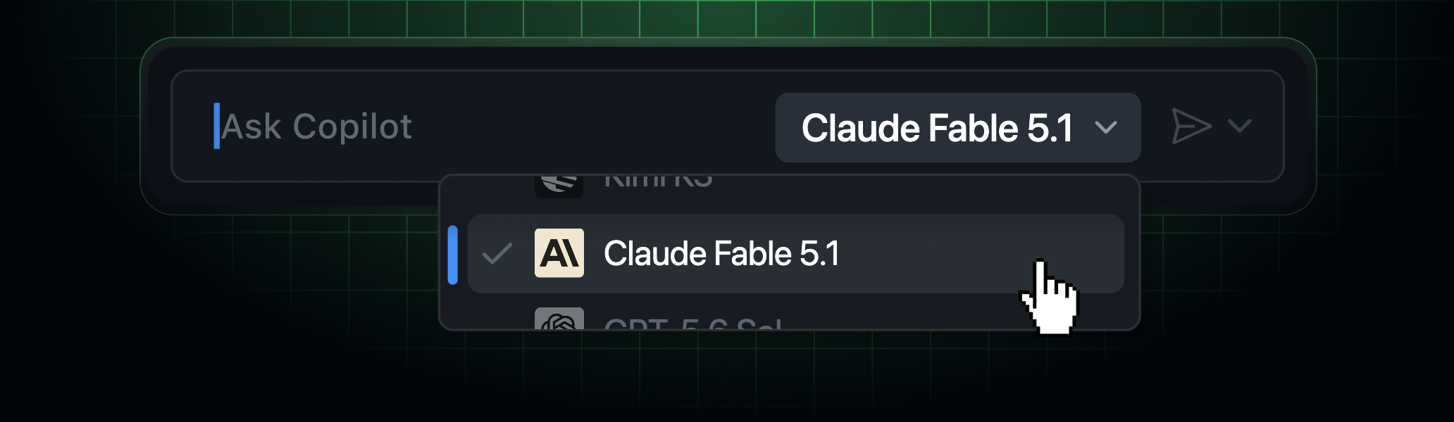 The Copilot model picker showing Claude Fable 5.1 selected