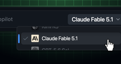 The Copilot model picker showing Claude Fable 5.1 selected