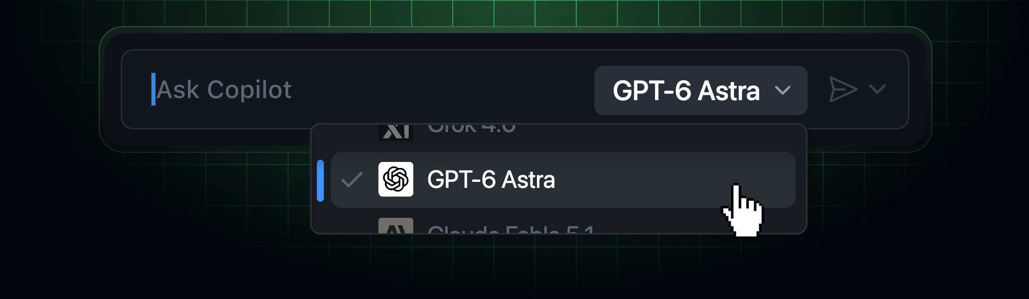 The Copilot model picker showing GPT-6 Astra selected