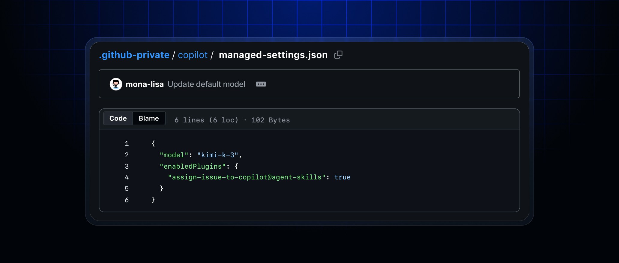 The managed.json file showing an update to the default model where the current model key is replaced with "Kimi 3"
