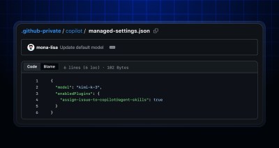 The managed.json file showing an update to the default model where the current model key is replaced with "Kimi 3"