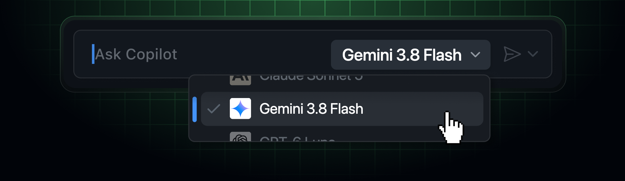 The Copilot model picker showing Gemini 3.8 Flash selected