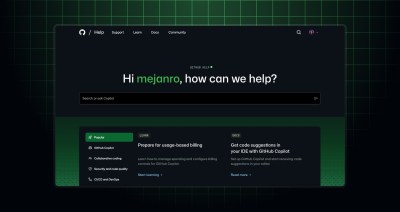 The help.github.com page with white text on a black background. The top of the page has multiple headers, the center of the image has a question "Hi mejanro, how can we help?" with a text box to search or ask Copilot a question. The bottom of the page has a TOC and links to documentation.