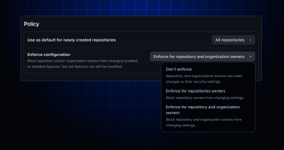 GitHub Advanced Security configurations policy settings include an “Enforce configuration” dropdown with options for “Don’t enforce,” “Enforce for repository owners,” and “Enforce for repository and organization owners.”