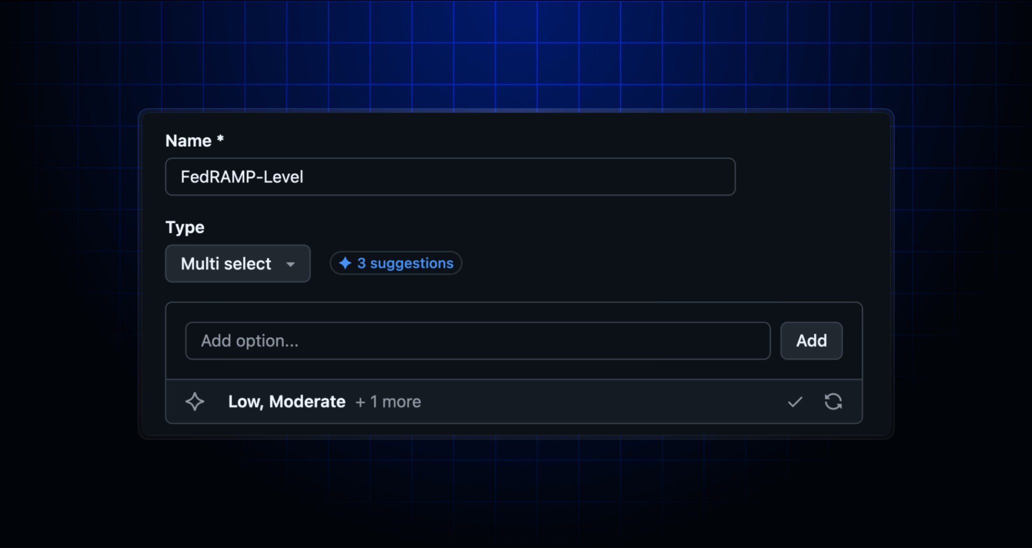 Custom property definition form with Name set to FedRAMP-Level and Type set to Multi select, showing Copilot-suggested values Low, Moderate below the Add option field, with accept and refresh controls.