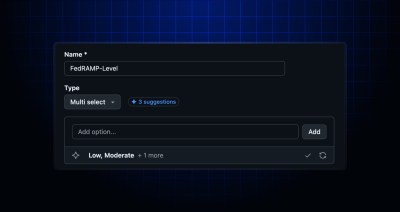 Custom property definition form with Name set to FedRAMP-Level and Type set to Multi select, showing Copilot-suggested values Low, Moderate below the Add option field, with accept and refresh controls.
