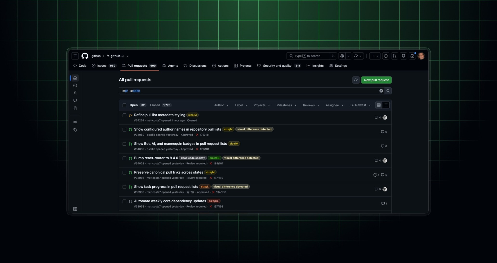 screen shot showing the new repository-level pulls page filtered to show a subset of pull requests