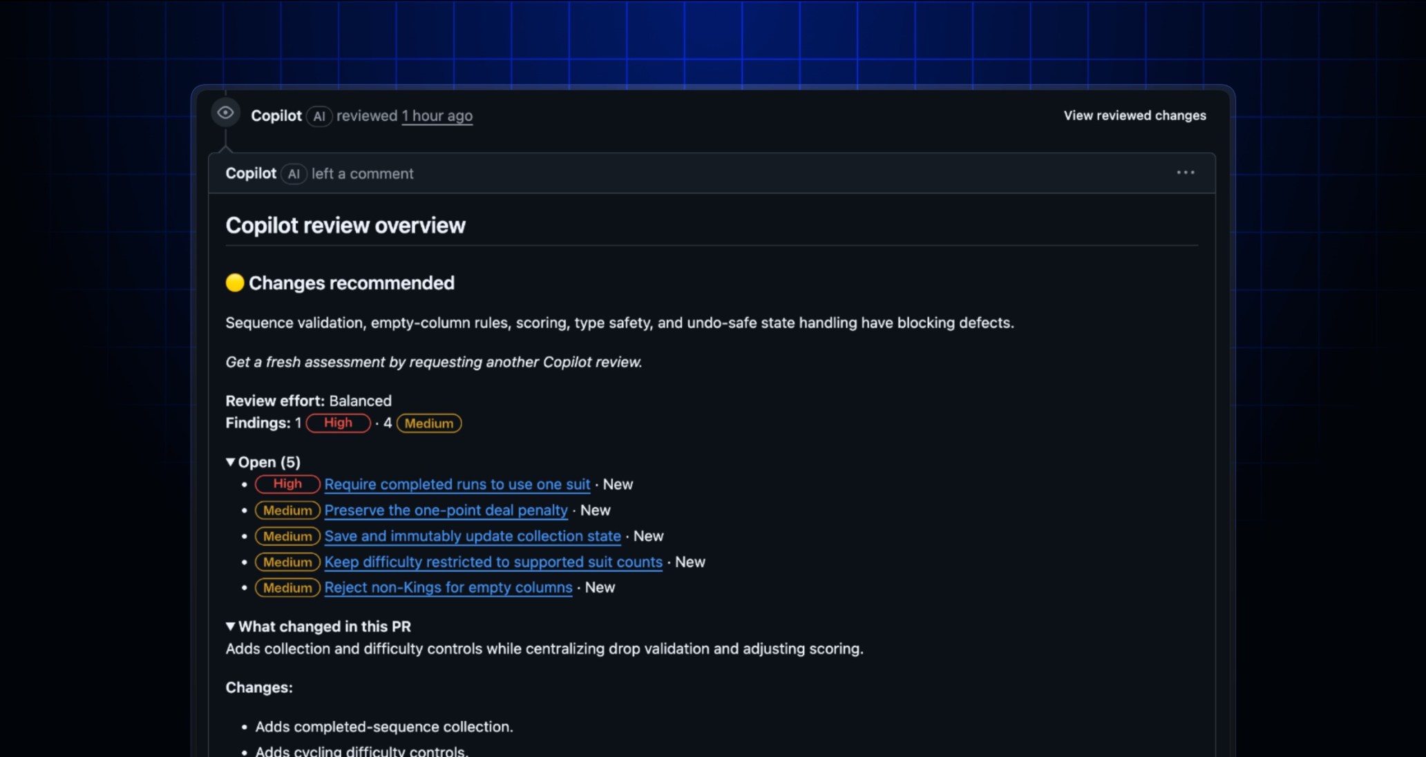 image of Copilot overview comment that recommends changes and gives a breakdown of findings