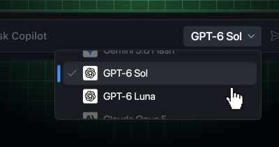 The Copilot model picker showing GPT-6 Sol and GPT-6 Luna