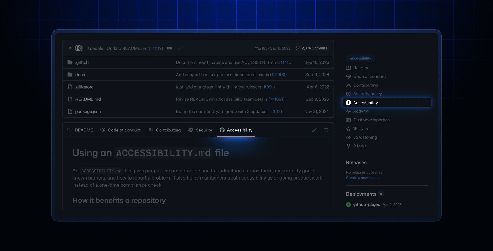 A repository overview focused on the tabs below a list of files, including README, Code of conduct, contributing, security, and accessibility. The accessibility tab is highlighted along with a new Accessibility shortcut in the sidebar.