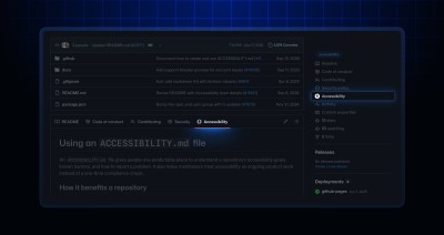 A repository overview focused on the tabs below a list of files, including README, Code of conduct, contributing, security, and accessibility. The accessibility tab is highlighted along with a new Accessibility shortcut in the sidebar.