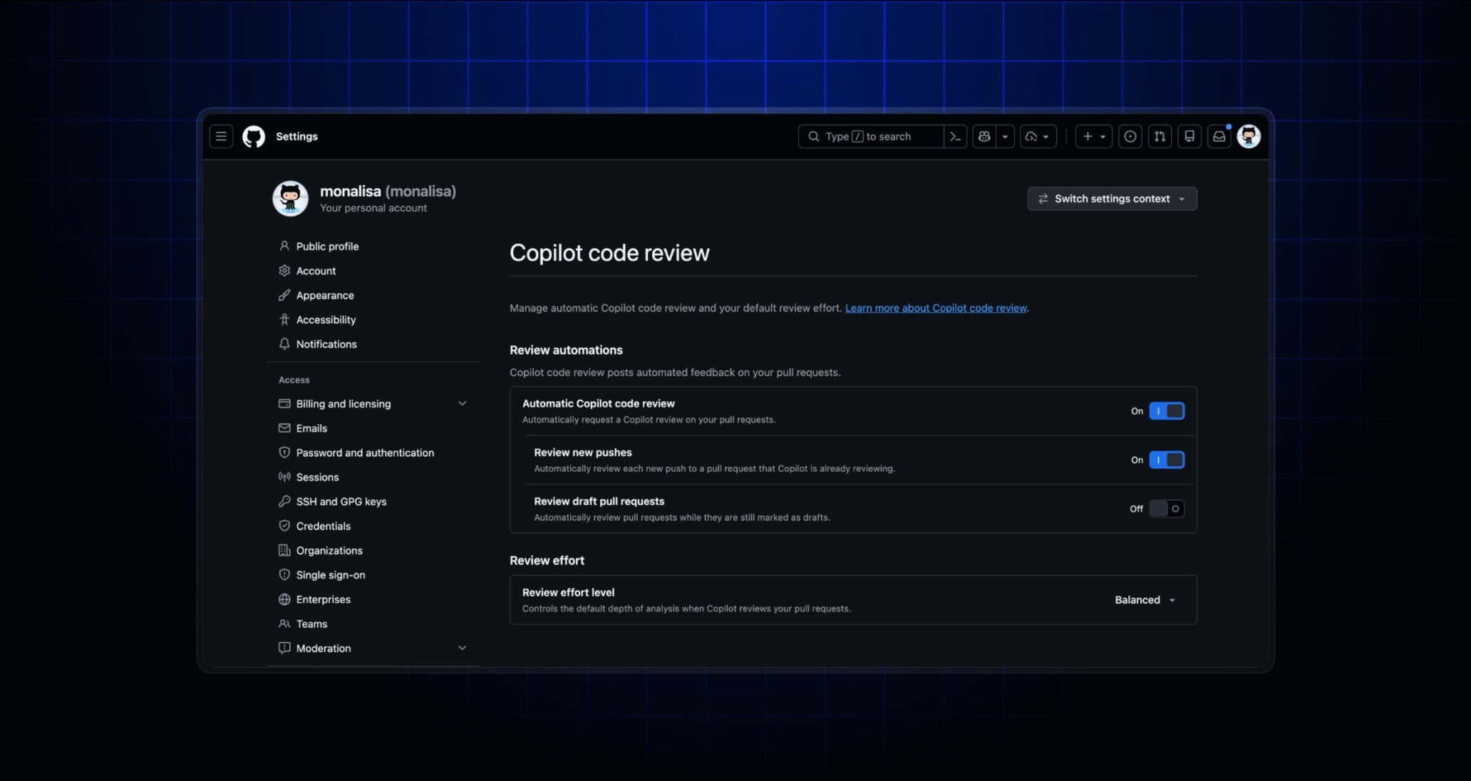 Screenshot depicting Copilot code review page in personal settings