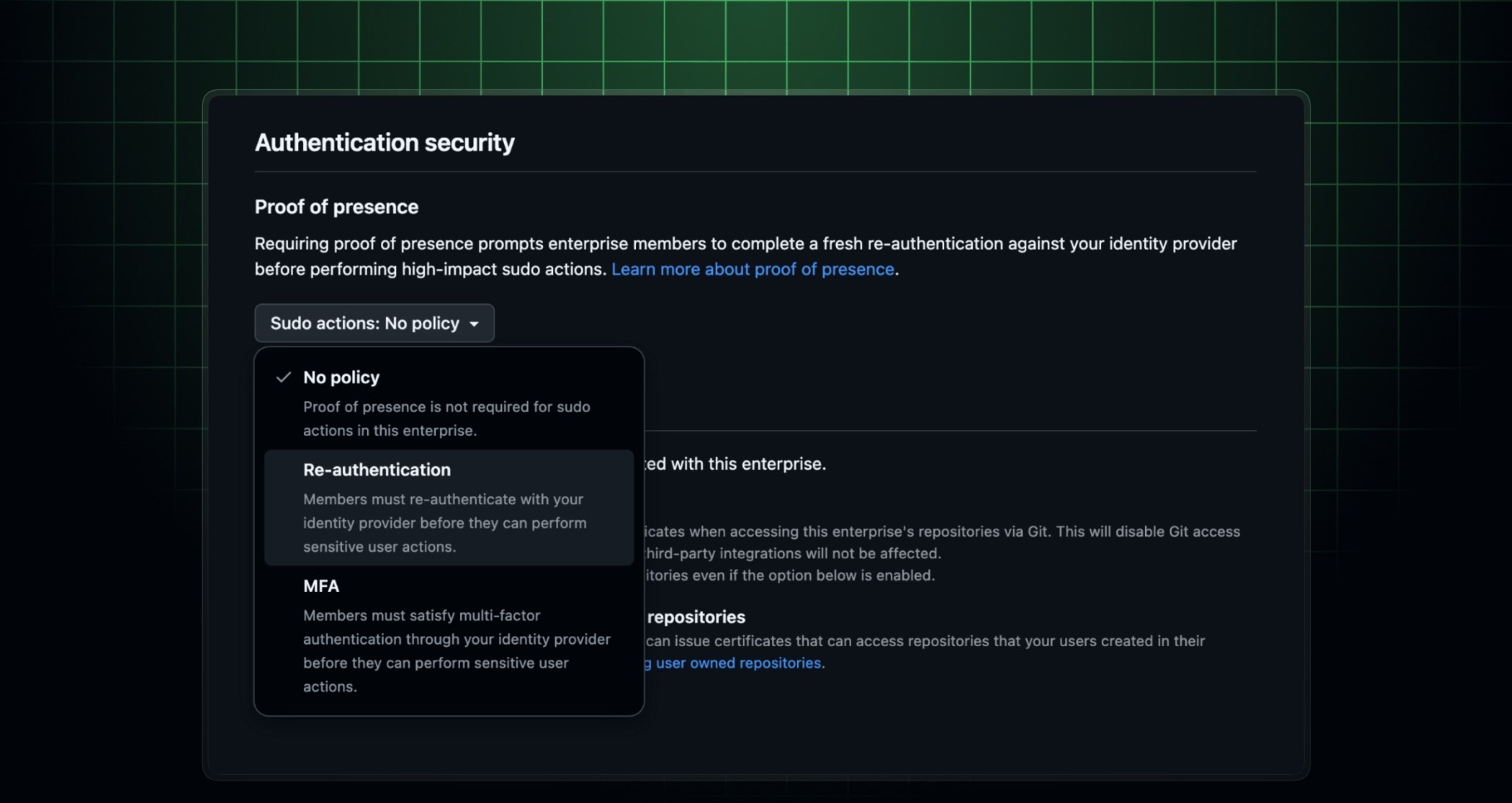 GitHub Enterprise setting to configure proof of presence for high-impact actions