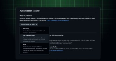 Enterprise setting to configure proof of presence to require  an interactive re-authentication before any high-impact actions on GitHub Enterprise Cloud accounts