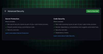 Screenshot of GitHub Advanced Security trial setup interface
