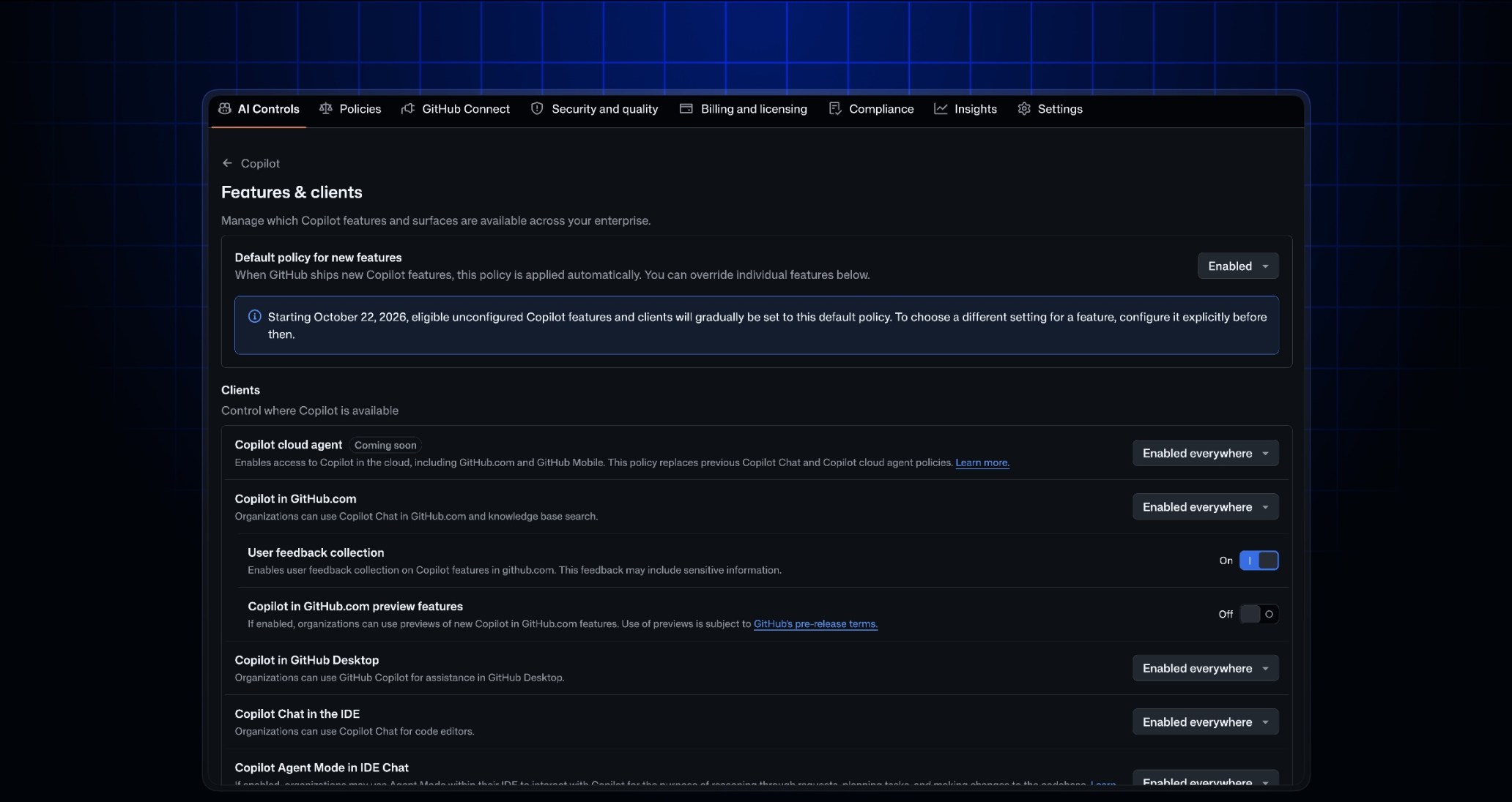 Copilot Features and clients page showing a Default policy for new features set to Enabled and a banner informing users that Starting October 22, eligible unconfigured Copilot features will gradually be set to this default policy