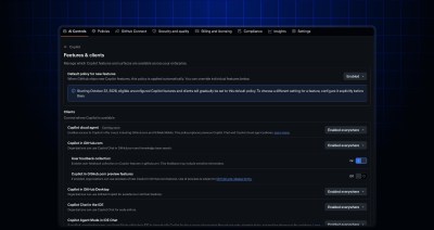 Copilot Features and clients page showing a Default policy for new features set to Enabled and a banner informing users that Starting October 22, eligible unconfigured Copilot features will gradually be set to this default policy