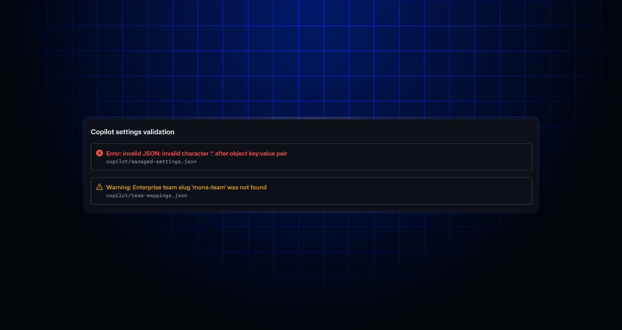 Copilot settings validation showing an invalid JSON error and a warning that the enterprise team slug mona-team was not found.