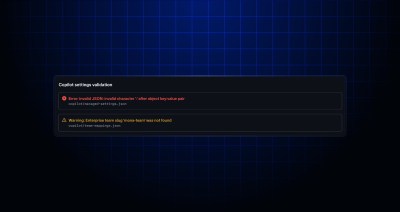 Copilot settings validation showing an invalid JSON error and a warning that the enterprise team slug mona-team was not found.