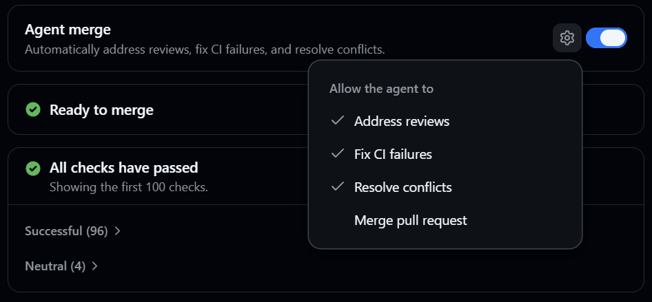 The GitHub Copilot app's Agent Merge panel tracking review feedback, CI, conflicts, and merge readiness.