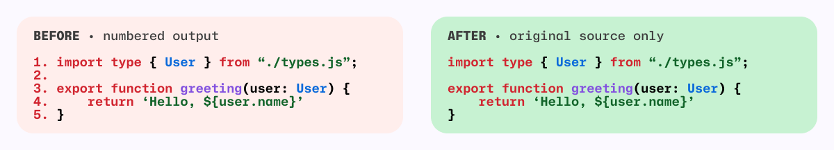 Before-and-after image of code snippets. The line-number prefixes re removed from the 'After' image.