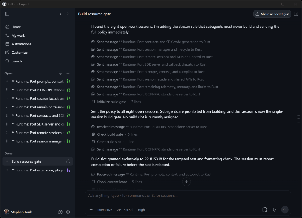 One chat session acting as the build resource gate for eight porting sessions.